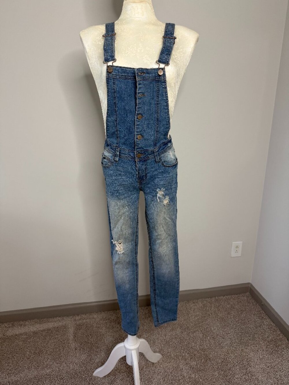 Harper Distressed Denim Overalls Medium Blue Open Back